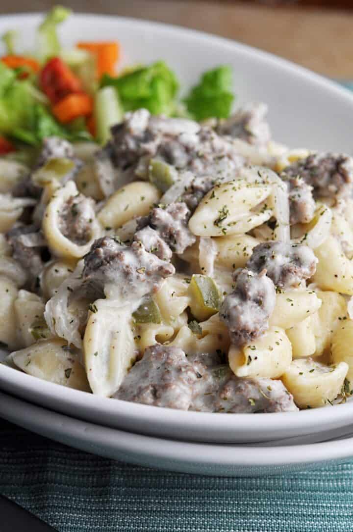 Ground beef cheese and shells with salad