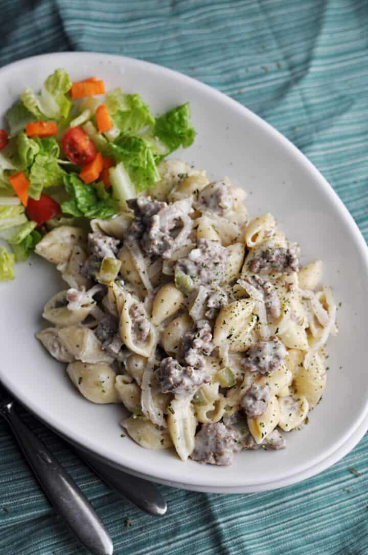 Overhead of Beef and Cheese Pasta Casserole