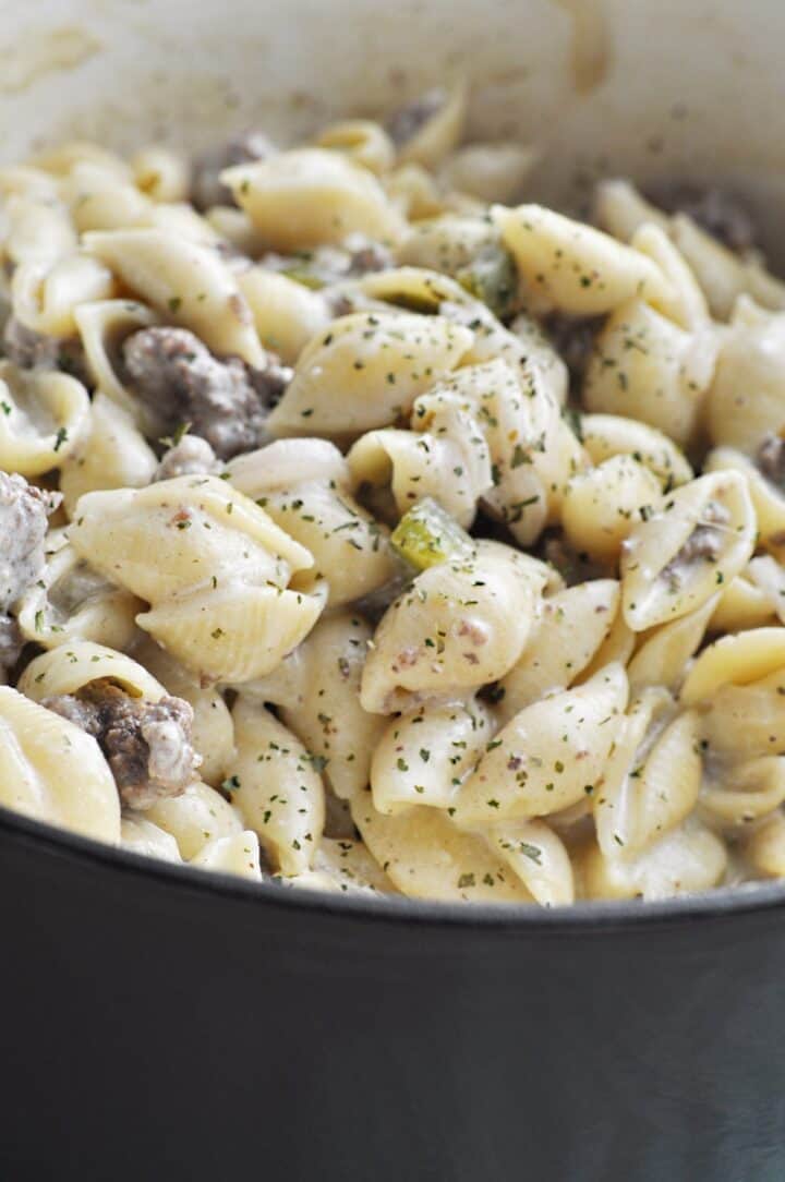 Cheesesteak Pasta Dish cooking