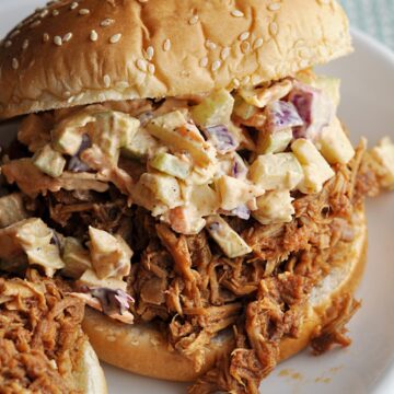 Pulled pork sandwich on bun with apple slaw