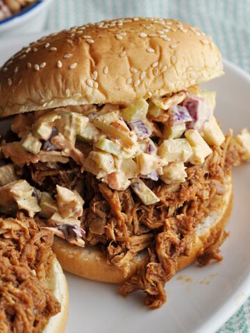 Pulled pork sandwich on bun with apple slaw