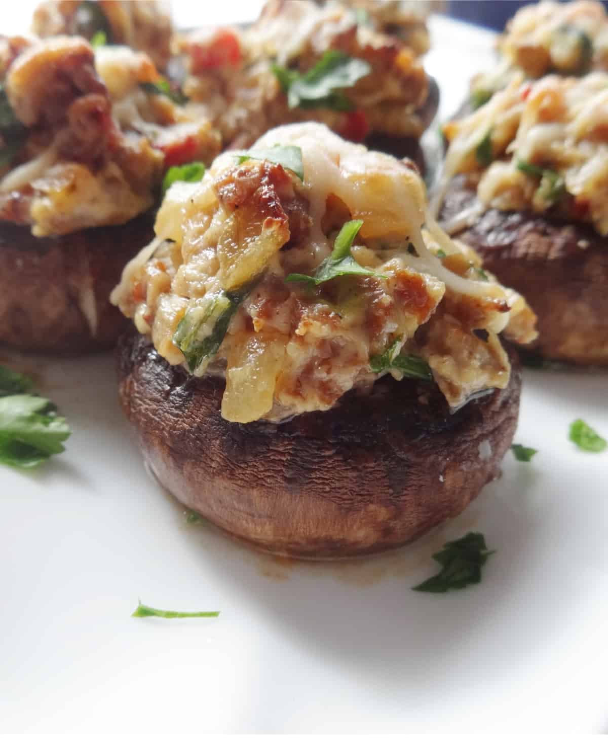 Mushrooms stuffed with chorizo sausage and onions