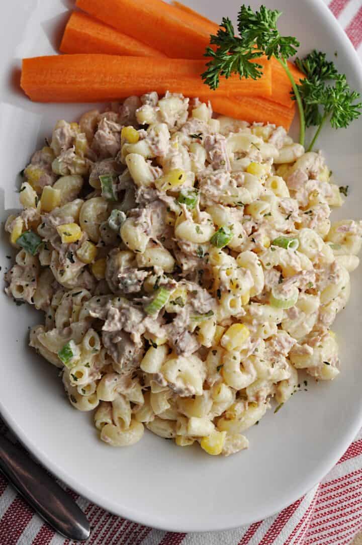 Overhead image of tuna pasta salad