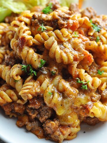 Pasta with ground beef and cheese served on plate