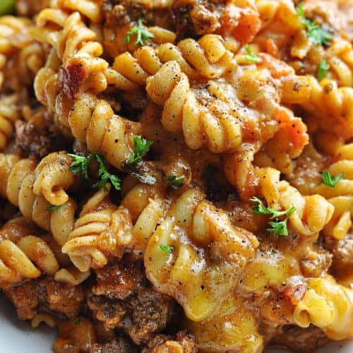 Pasta with ground beef and cheese served on plate