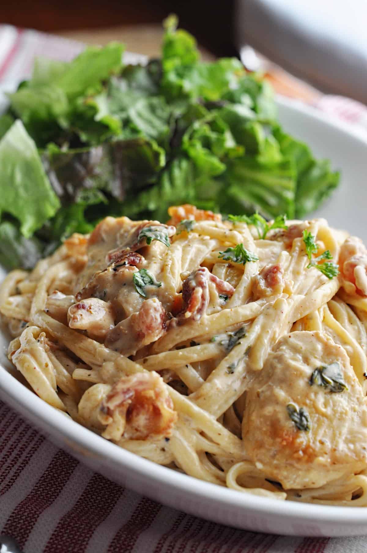 Pasta with creamy sauce chicken and bacon