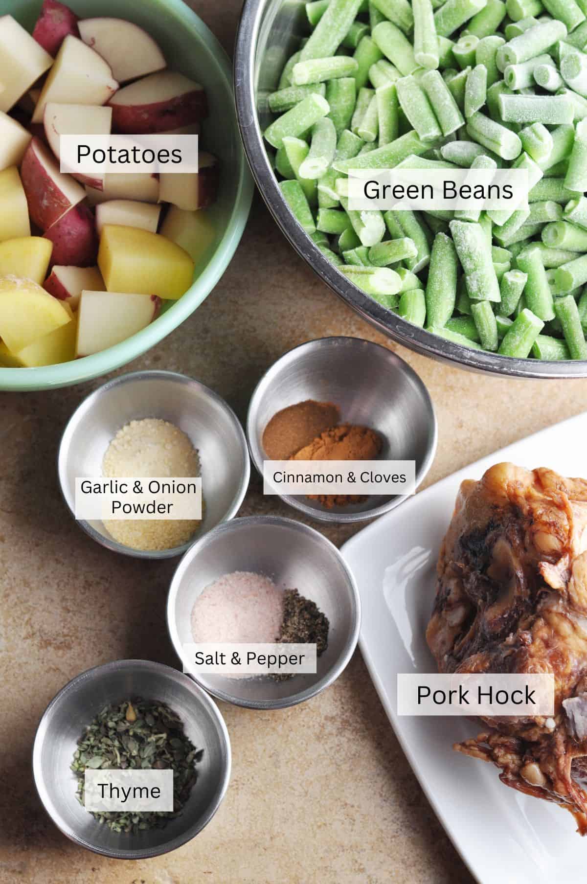 Ingredients for green beans, potatoes, and ham cooked in the slow cooker