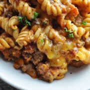 Goulash with rotini pasta, ground beef, and cheese.