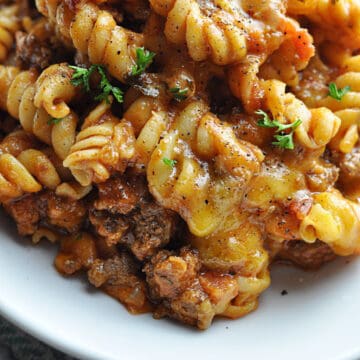 Goulash with rotini pasta, ground beef, and cheese.