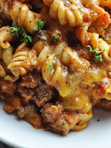 Goulash with rotini pasta, ground beef, and cheese.