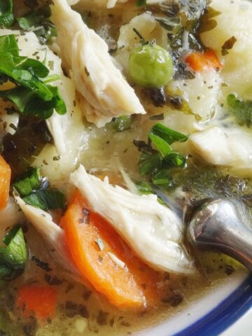 Chicken with dumplings, carrots, peas, and broth in bowl with spoon.