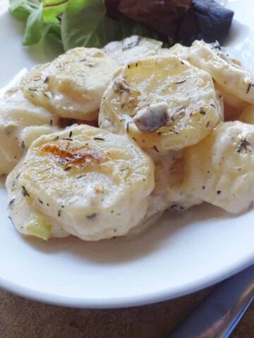 Scalloped potatoes on plate with salad.